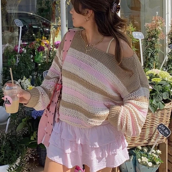 American Vintage Sweaters - Y2K Neapolitan Stripe Off Shoulder Knit Sweater 🎀